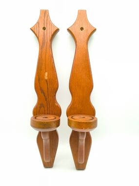 Pair of Vintage Oak Wood Wall Candle Sconces - Country Cottage Style